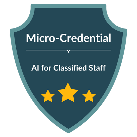 Graphic illustrating micro-credentialing in AI for classified staff, emphasizing educational growth and professional recognition.