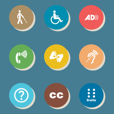 Illustration of nine accessibility icons in a grid, representing features like visual, hearing, and mobility access, Braille, and closed captioning.