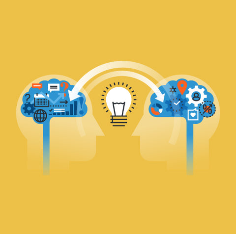 Illustration of two human brains filled with technology and gear icons, connected by a light bulb in the center