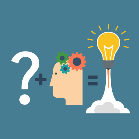 Illustration of critical thinking process with a question mark, a head with gears, and a light bulb representing a new idea