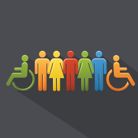 Illustration of a diverse group of figures, including two with wheelchairs.