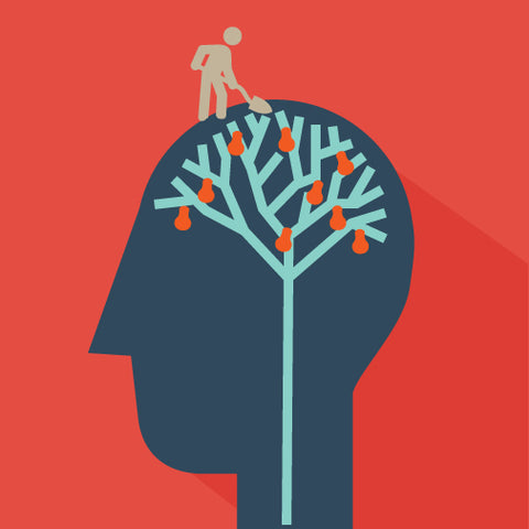 Illustration of a person tending to a branching tree with light bulbs inside a silhouette of a head, representing a growth mindset