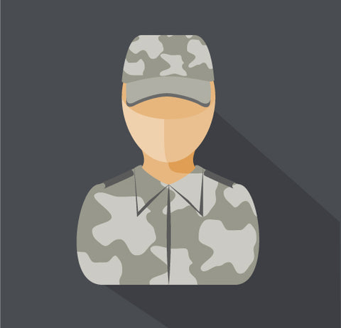 A figure dressed in a camouflage uniform and cap, symbolizing military service and veterans.